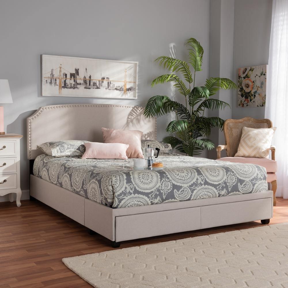 Larese Beige Fabric Upholstered 2-Drawer Queen Size Platform Storage Bed FredCo