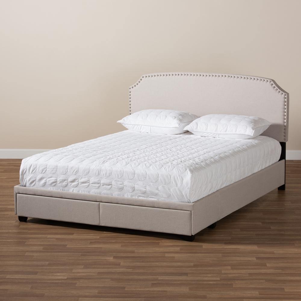 Larese Beige Fabric Upholstered 2-Drawer Queen Size Platform Storage Bed FredCo