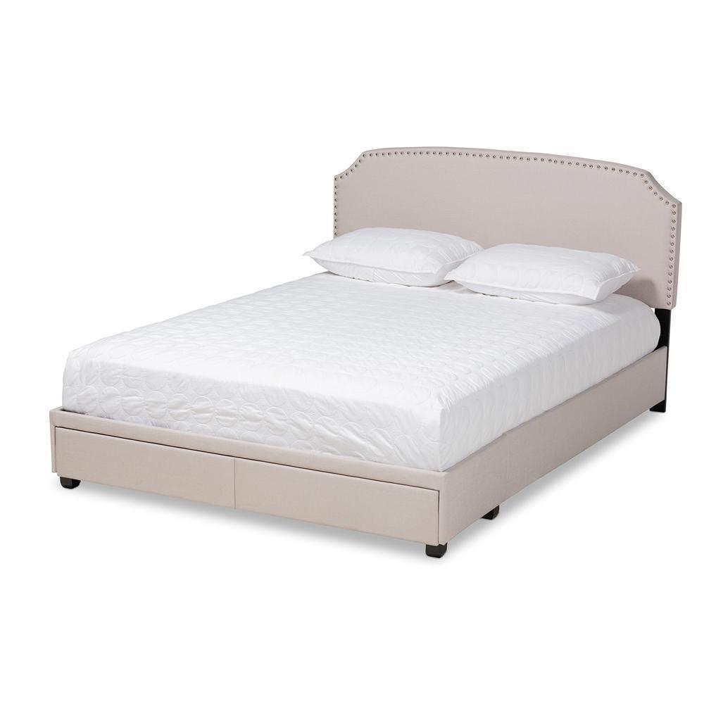 Larese Beige Fabric Upholstered 2-Drawer Queen Size Platform Storage Bed FredCo