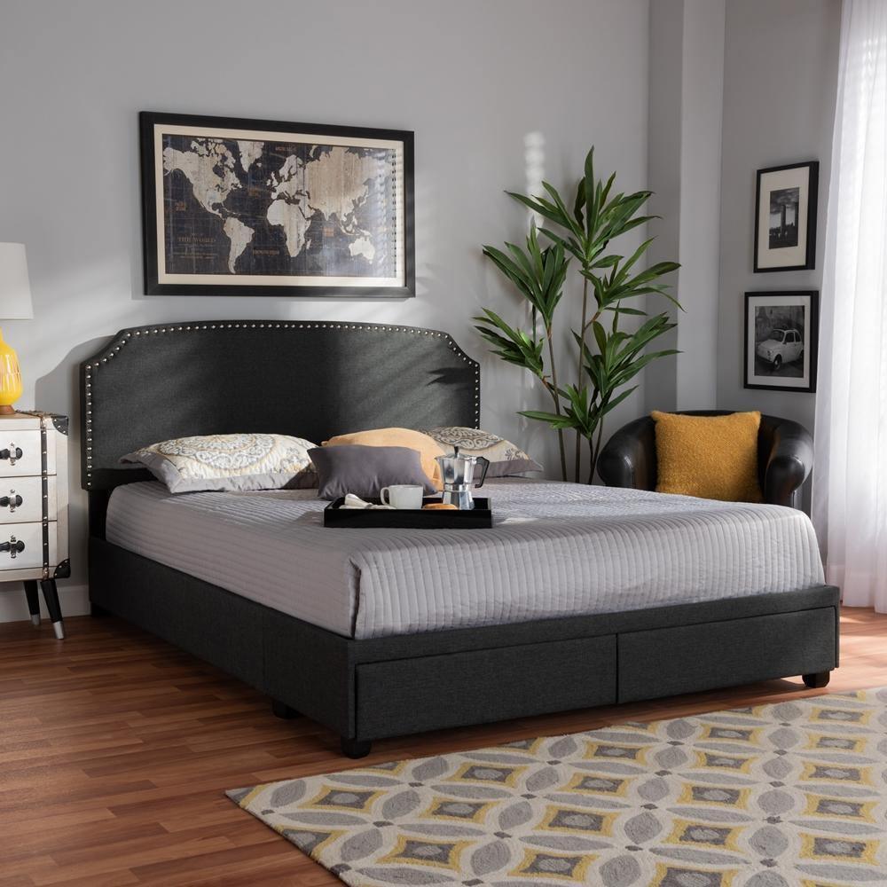 Larese Dark Grey Fabric Upholstered 2-Drawer Queen Size Platform Storage Bed FredCo