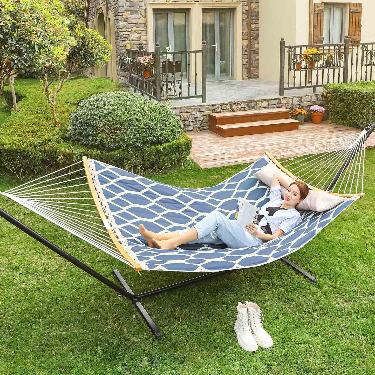 Large Hammock for Outdoor Blue and Beige Rhombus FredCo