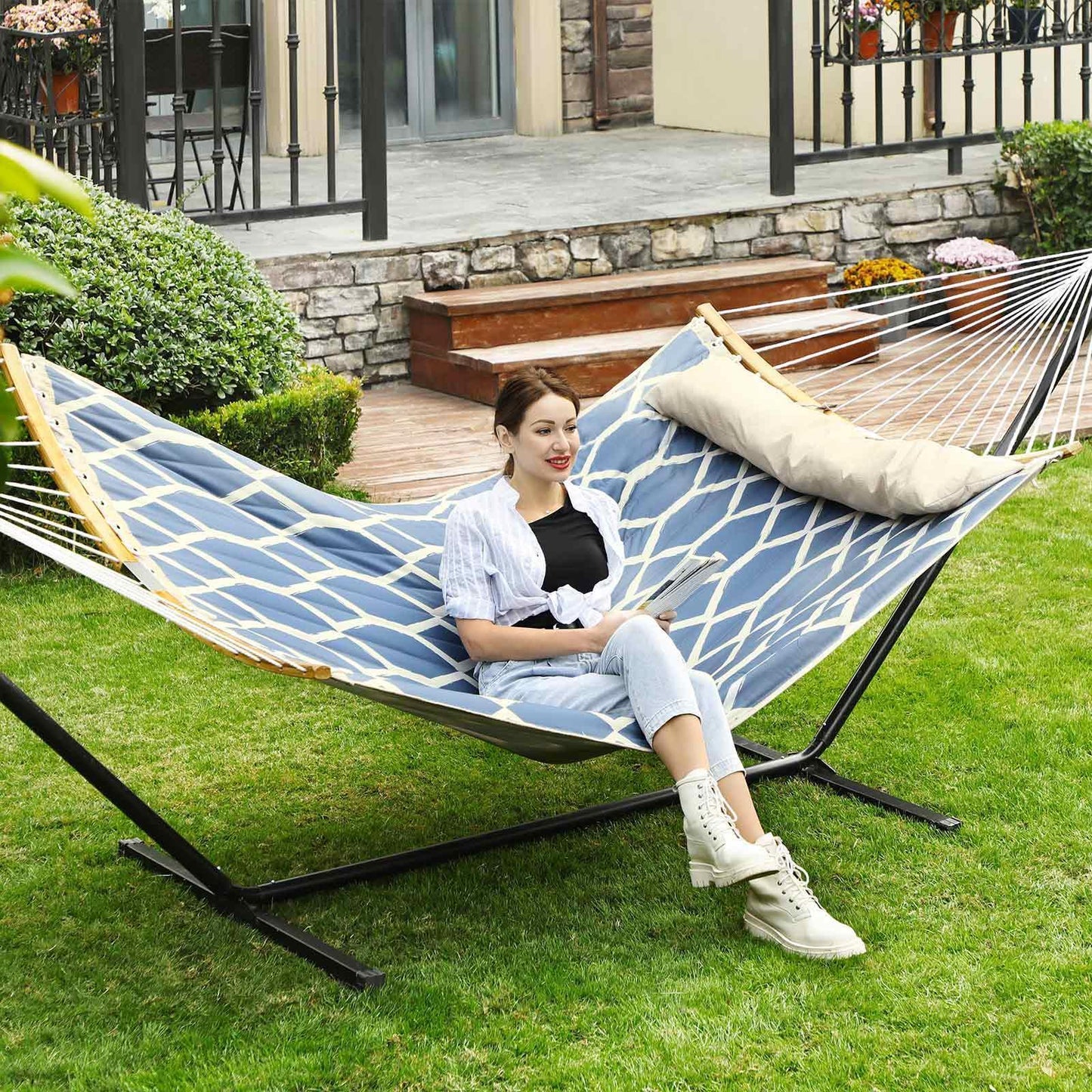 Large Hammock for Outdoor Blue and Beige Rhombus FredCo