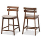 Larine Modern and Contemporary Light Grey Fabric Upholstered Walnut Finished 2-Piece Wood Counter Stool Set FredCo