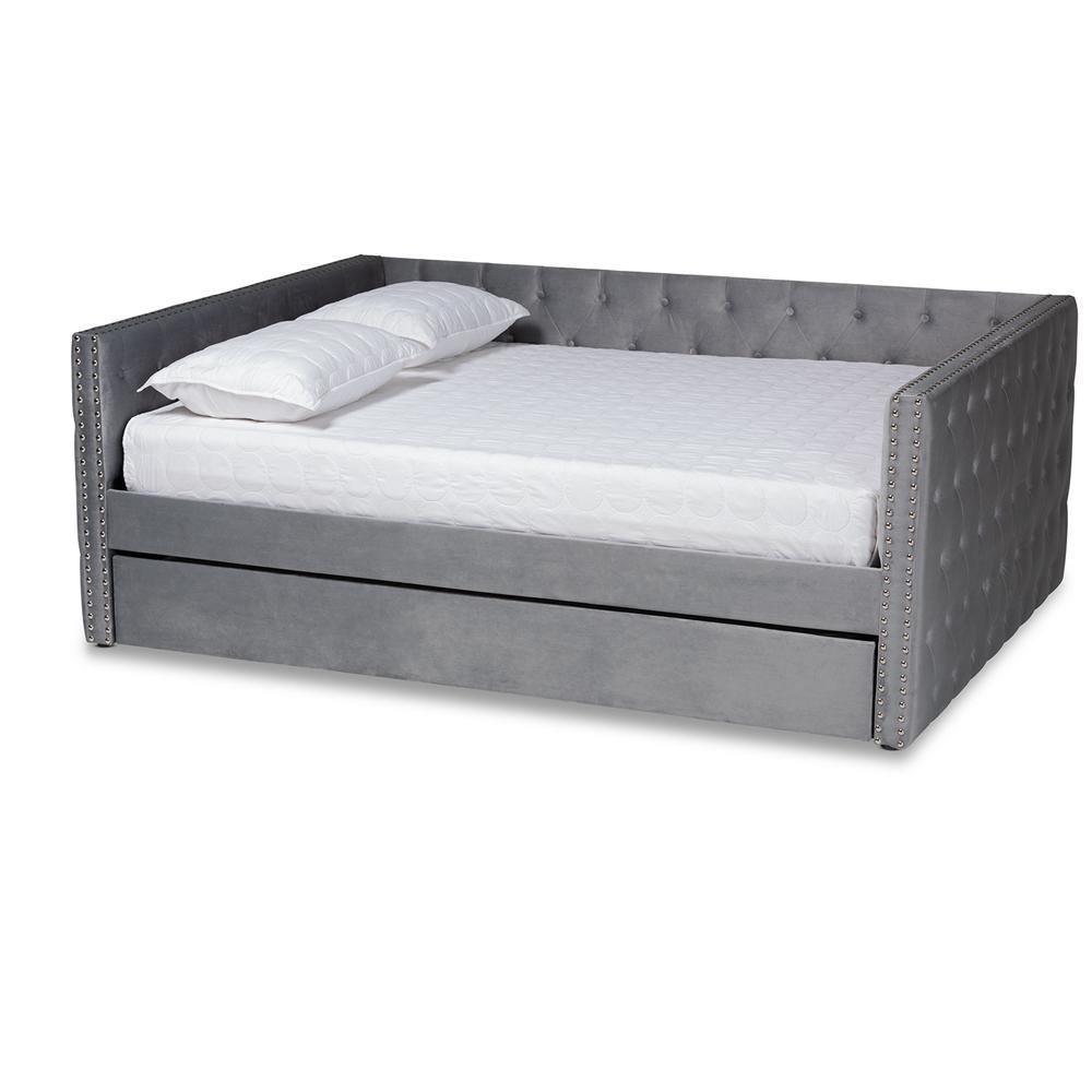 Larkin Modern and Contemporary Grey Velvet Fabric Upholstered Queen Size Daybed with Trundle FredCo