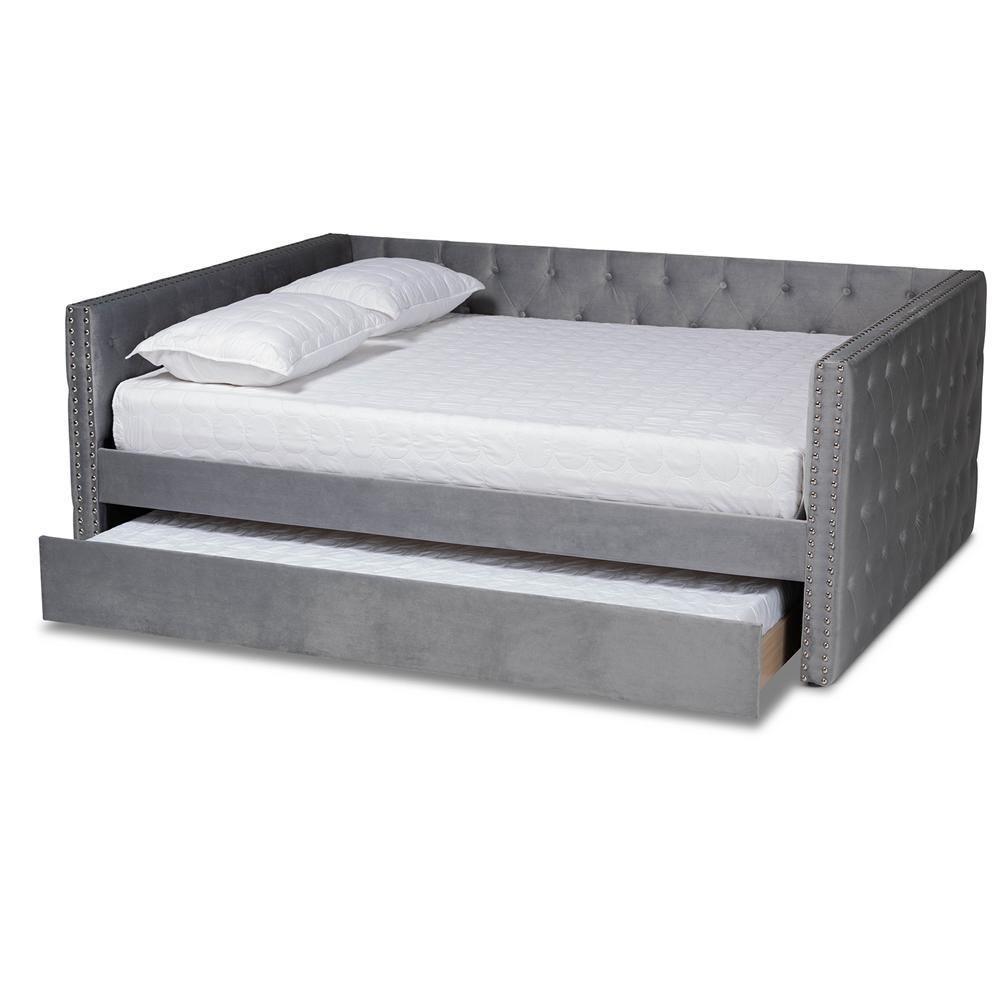 Larkin Modern and Contemporary Grey Velvet Fabric Upholstered Queen Size Daybed with Trundle FredCo