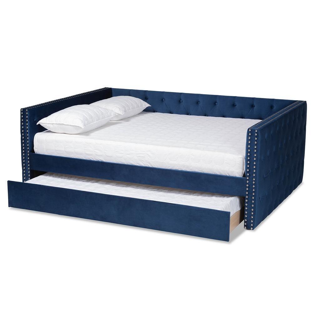Larkin Modern and Contemporary Navy Blue Velvet Fabric Upholstered Full Size Daybed with Trundle FredCo