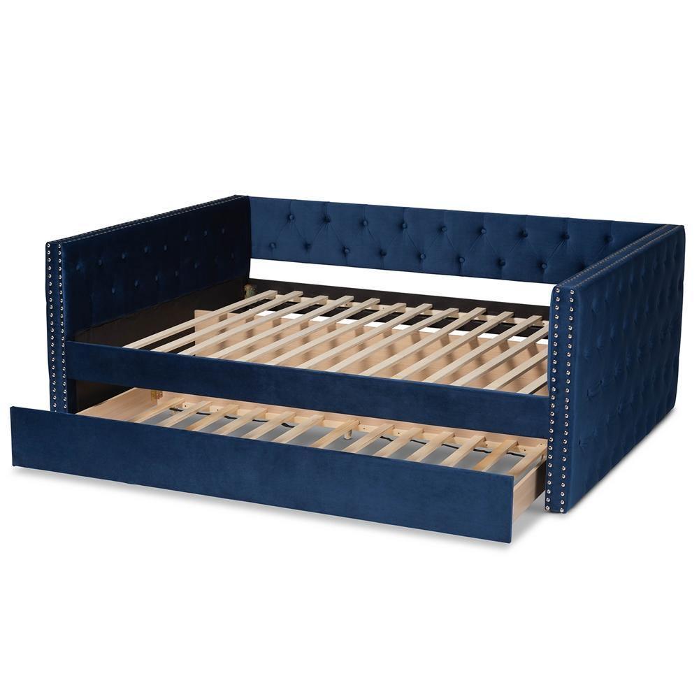 Larkin Modern and Contemporary Navy Blue Velvet Fabric Upholstered Queen Size Daybed with Trundle FredCo