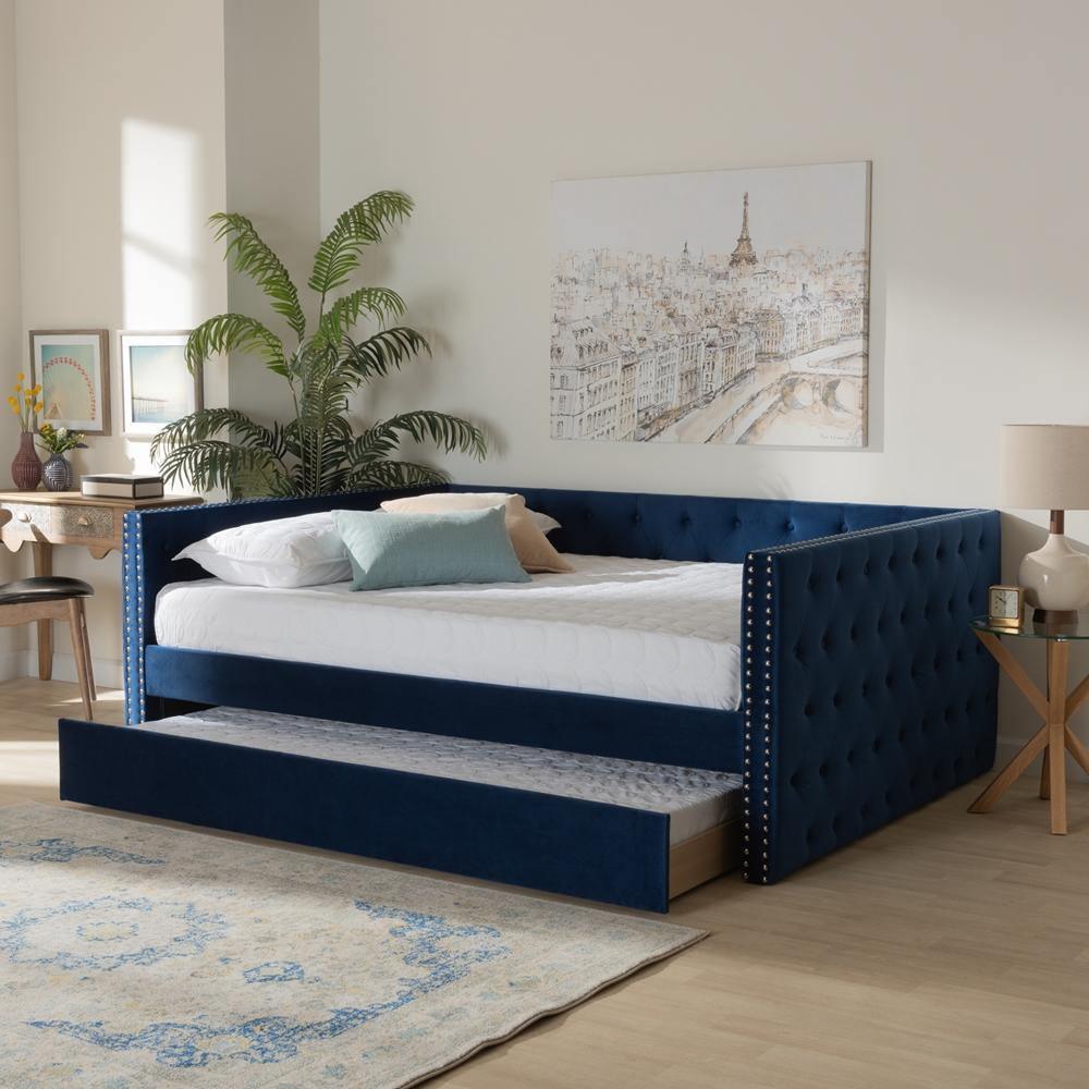 Larkin Modern and Contemporary Navy Blue Velvet Fabric Upholstered Queen Size Daybed with Trundle FredCo
