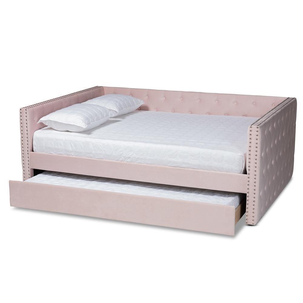 Larkin Modern and Contemporary Pink Velvet Fabric Upholstered Full Size Daybed with Trundle FredCo