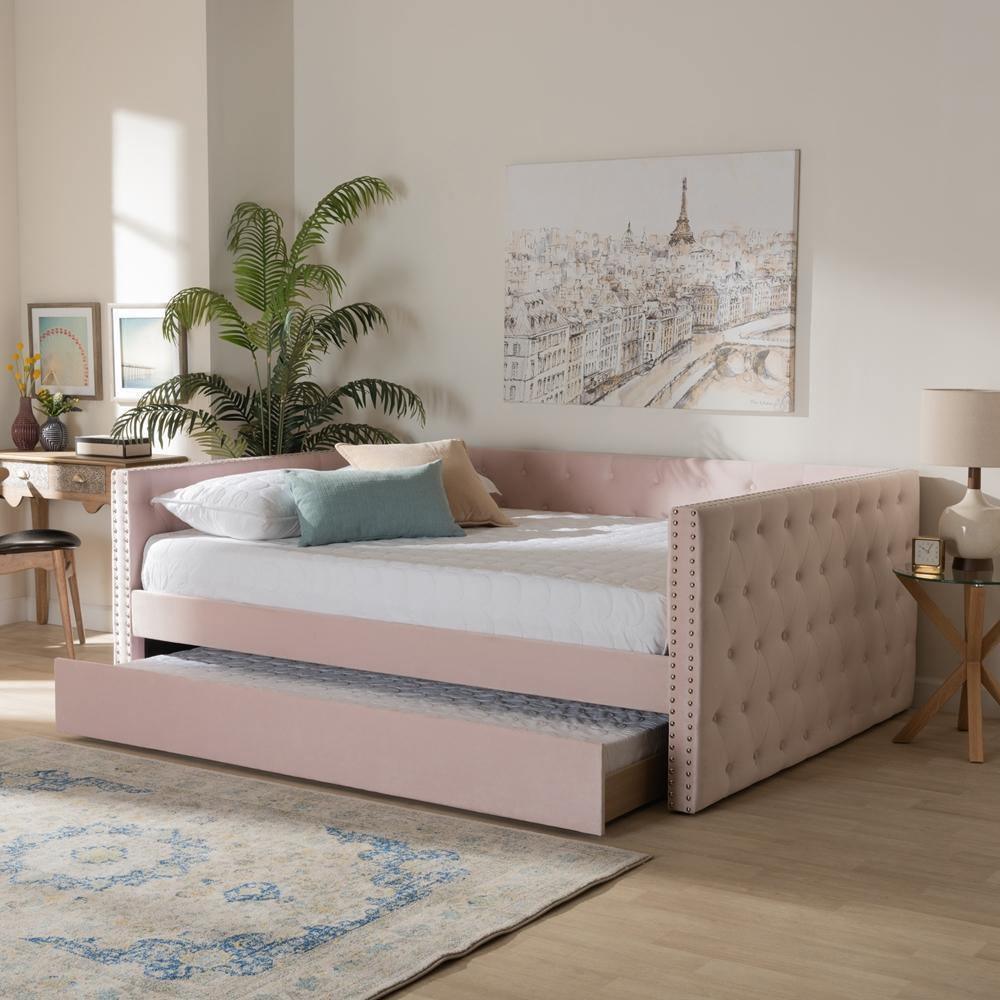 Larkin Modern and Contemporary Pink Velvet Fabric Upholstered Full Size Daybed with Trundle FredCo