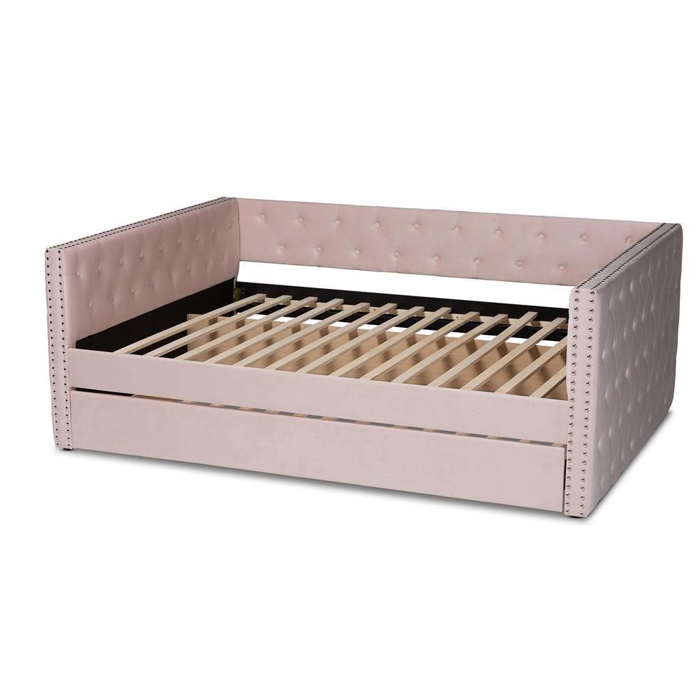 Larkin Modern and Contemporary Pink Velvet Fabric Upholstered Full Size Daybed with Trundle FredCo