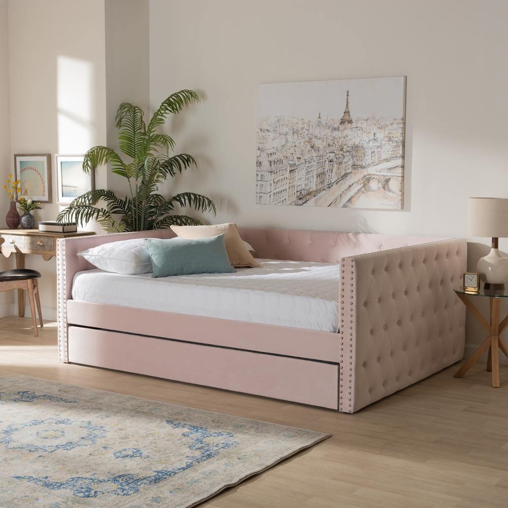 Larkin Modern and Contemporary Pink Velvet Fabric Upholstered Full Size Daybed with Trundle FredCo