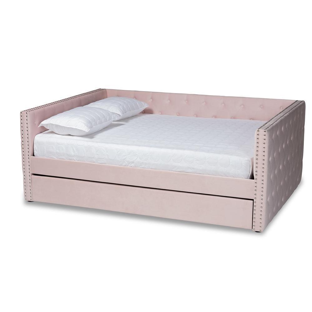 Larkin Modern and Contemporary Pink Velvet Fabric Upholstered Queen Size Daybed with Trundle FredCo