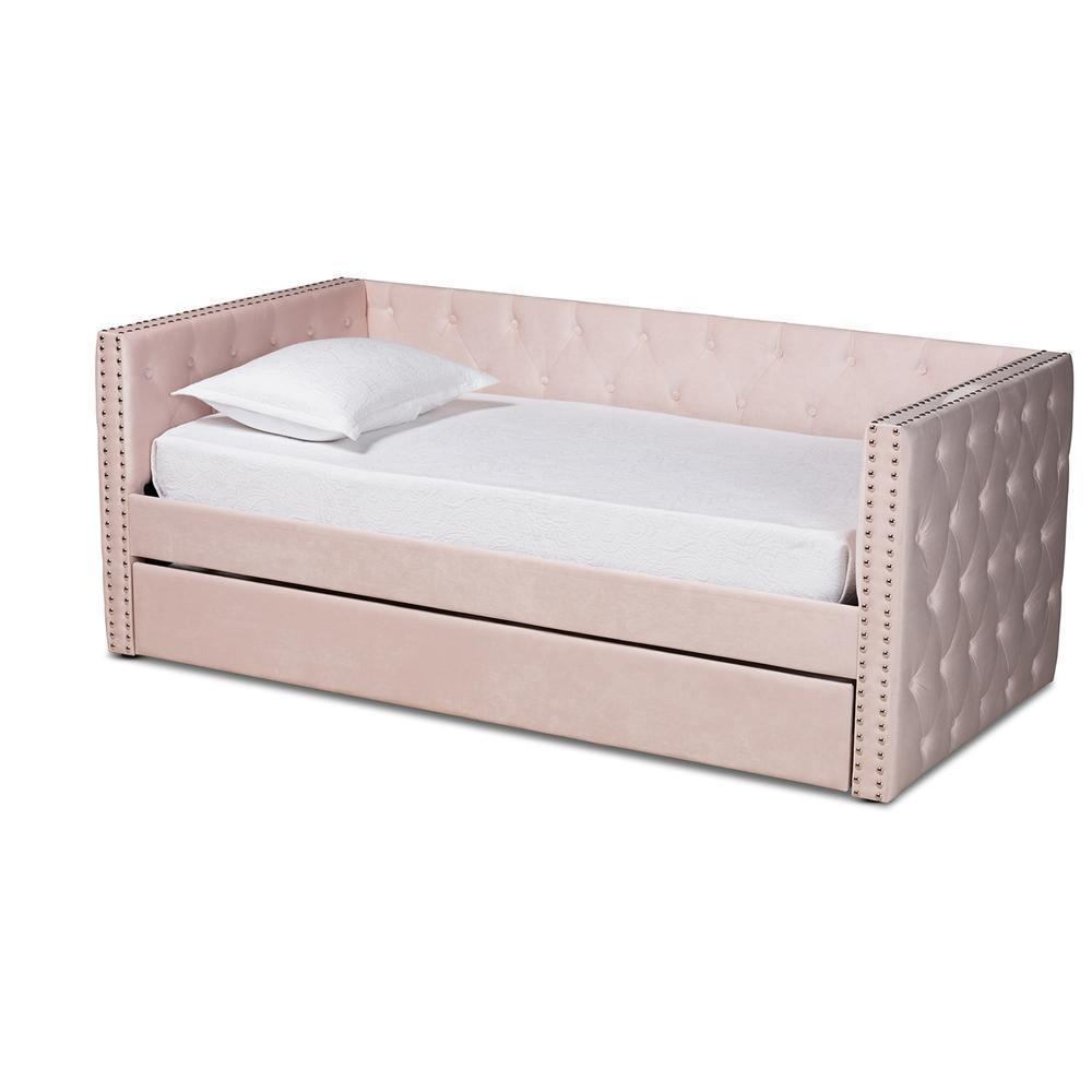 Larkin Modern and Contemporary Pink Velvet Fabric Upholstered Twin Size Daybed with Trundle FredCo