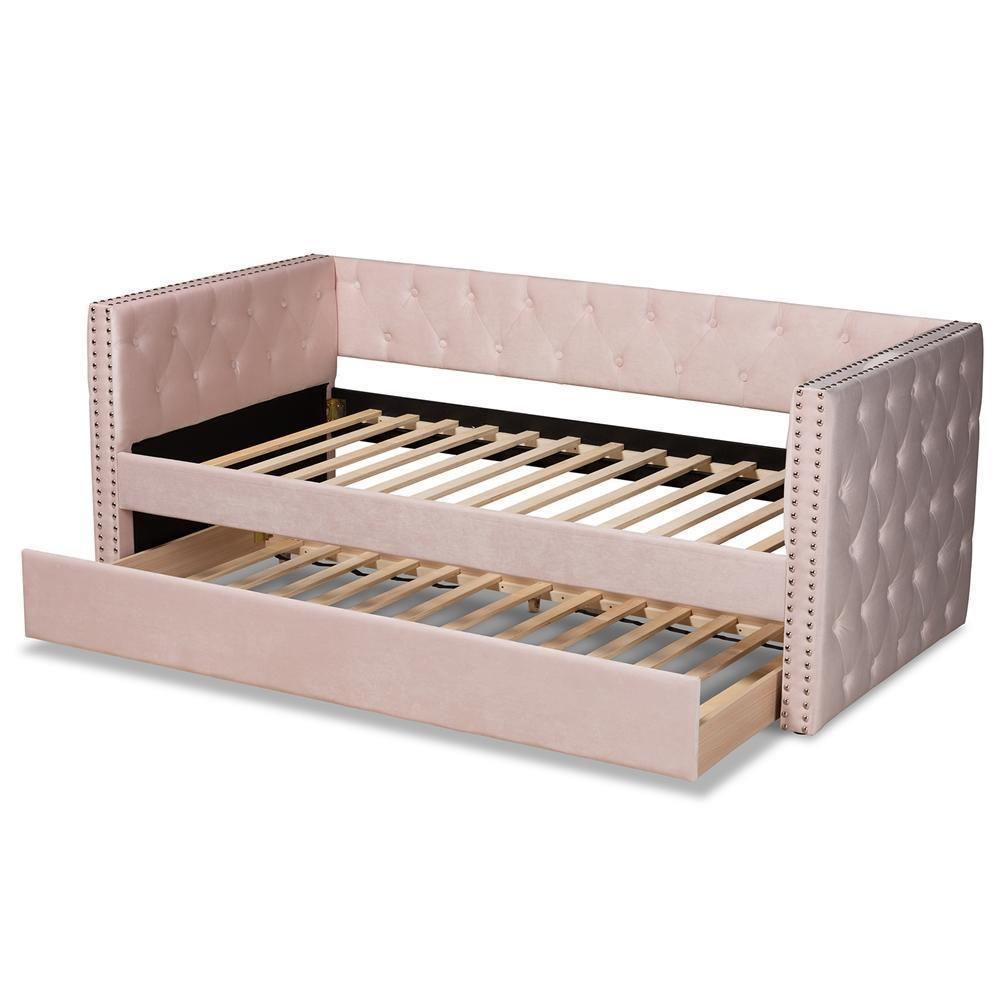 Larkin Modern and Contemporary Pink Velvet Fabric Upholstered Twin Size Daybed with Trundle FredCo