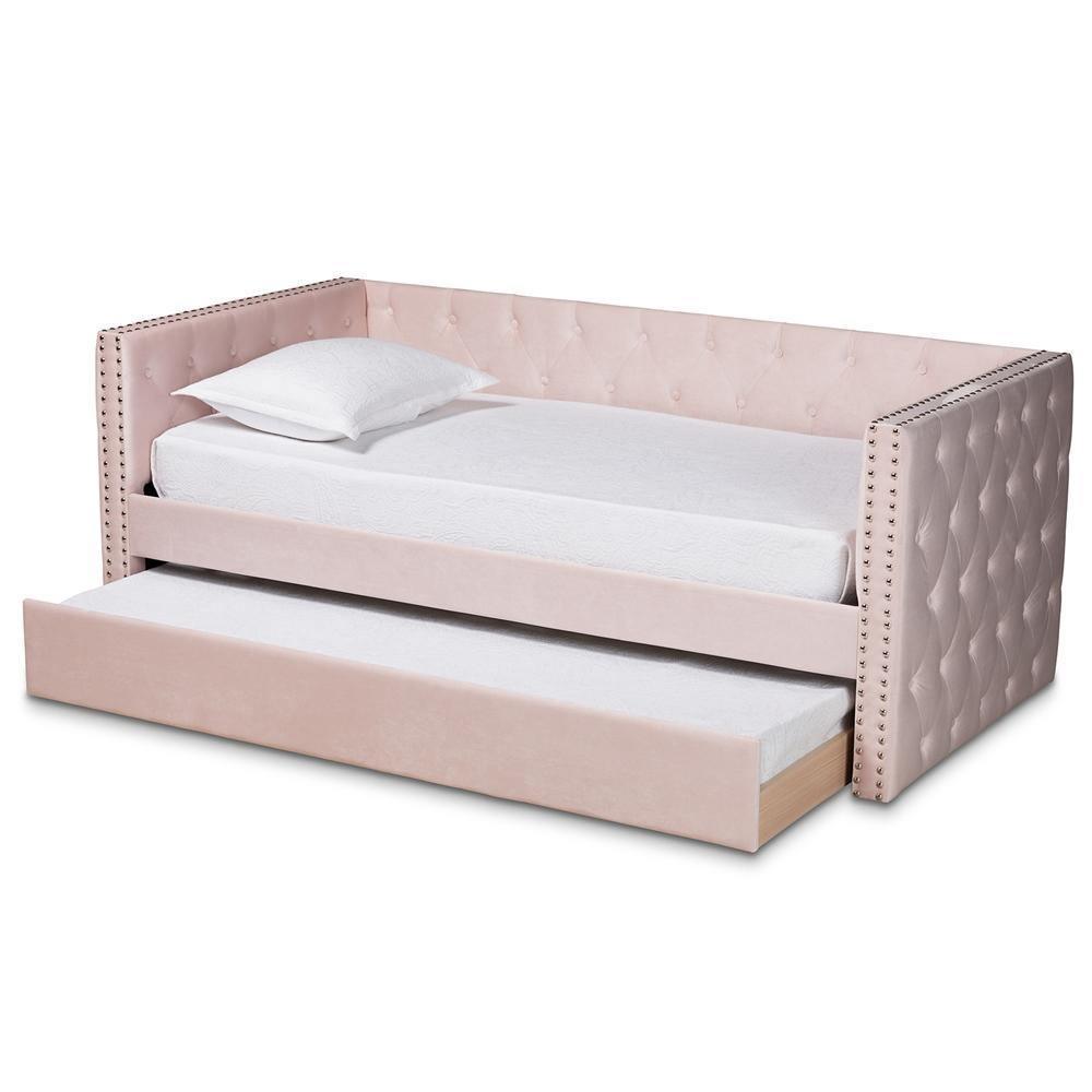 Larkin Modern and Contemporary Pink Velvet Fabric Upholstered Twin Size Daybed with Trundle FredCo