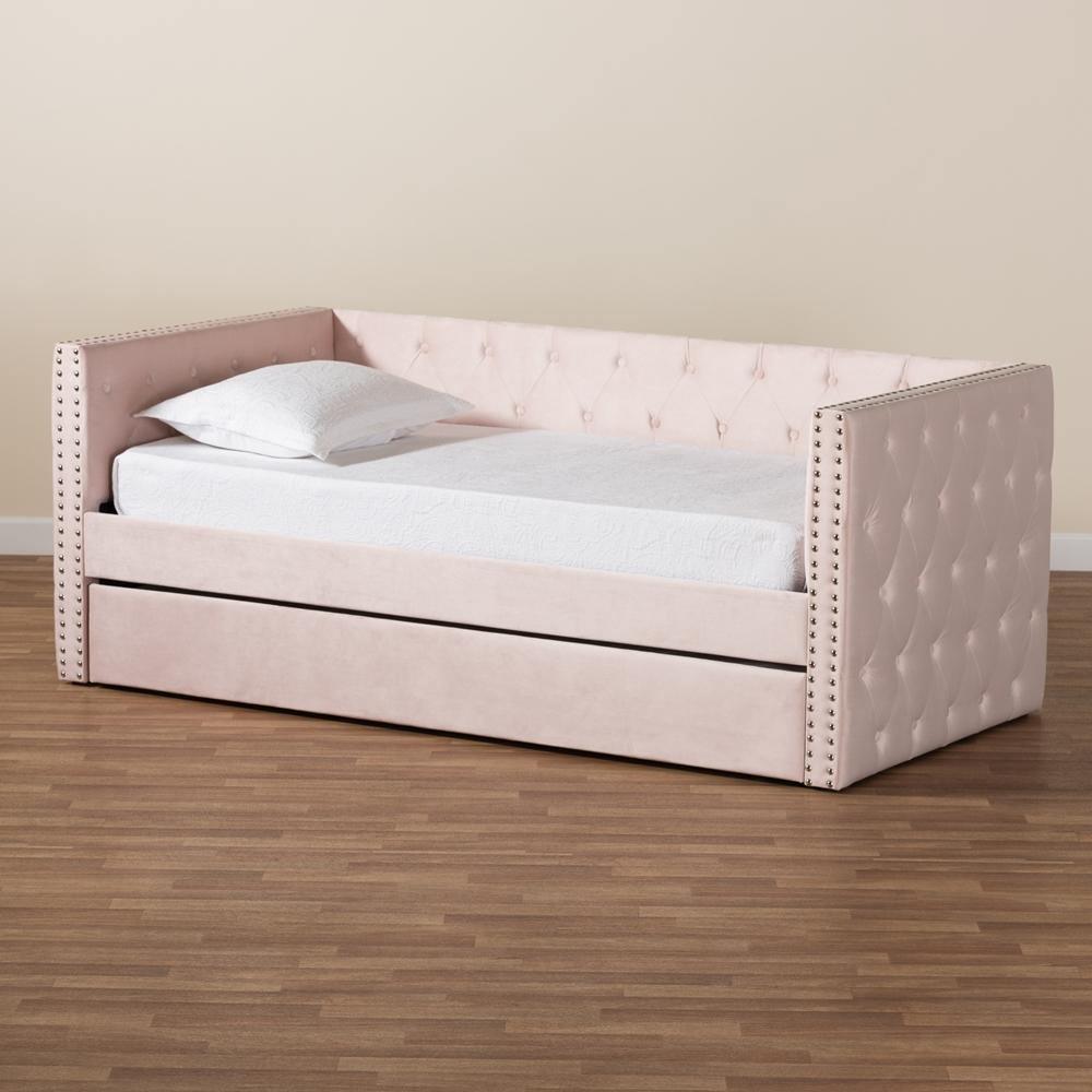 Larkin Modern and Contemporary Pink Velvet Fabric Upholstered Twin Size Daybed with Trundle FredCo