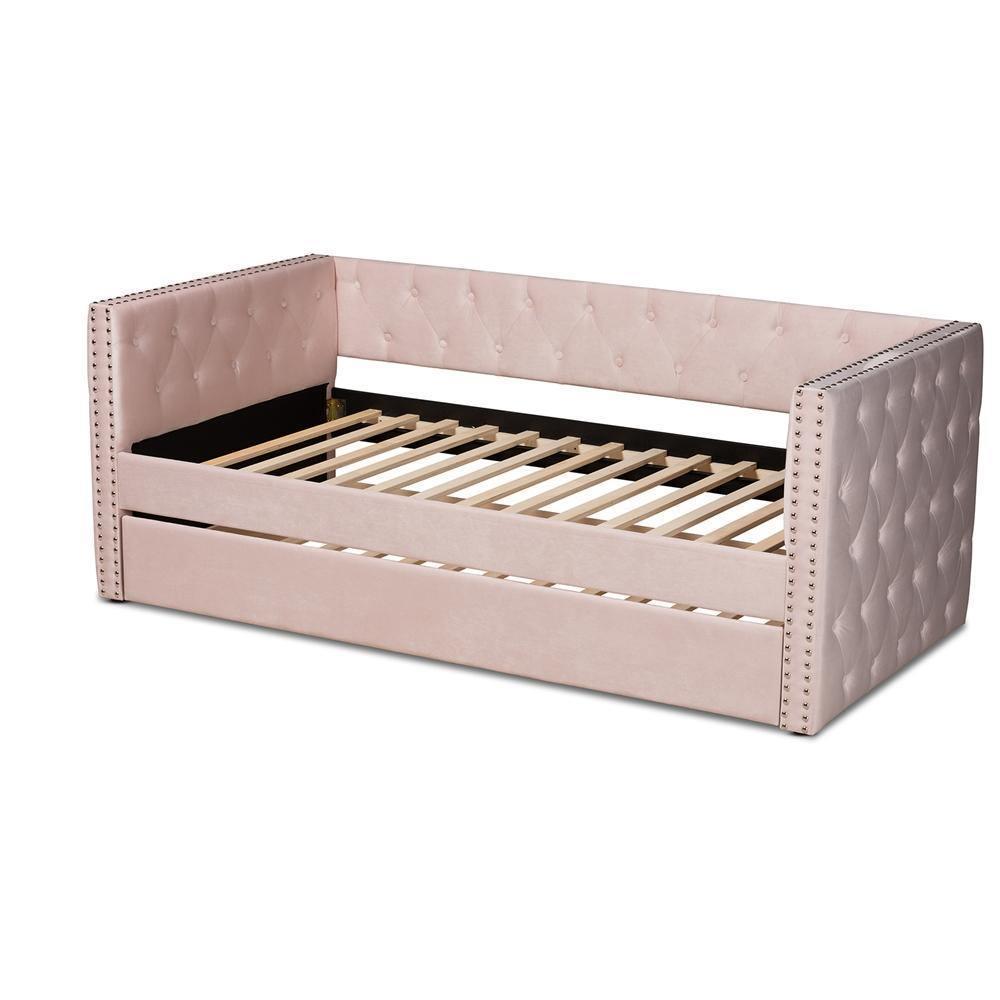Larkin Modern and Contemporary Pink Velvet Fabric Upholstered Twin Size Daybed with Trundle FredCo
