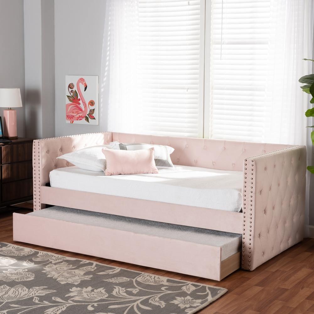 Larkin Modern and Contemporary Pink Velvet Fabric Upholstered Twin Size Daybed with Trundle FredCo