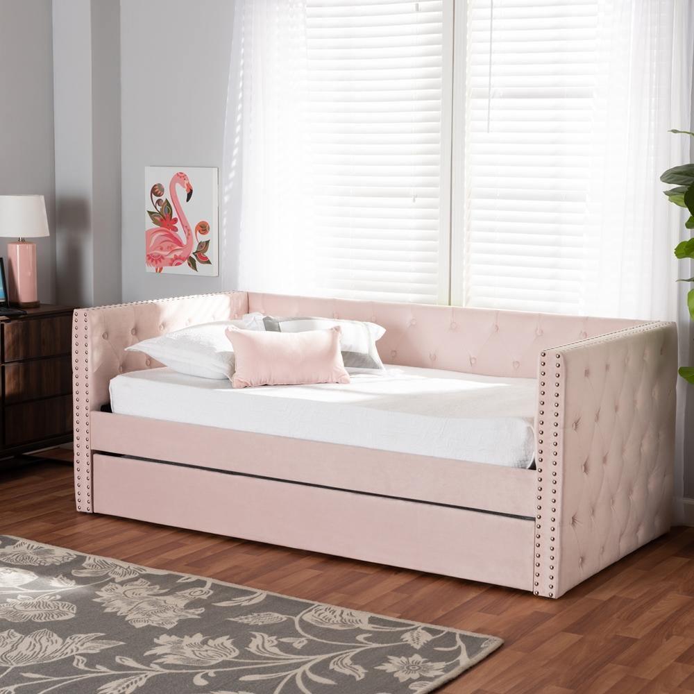 Larkin Modern and Contemporary Pink Velvet Fabric Upholstered Twin Size Daybed with Trundle FredCo