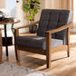 Larsen Mid-Century Modern Gray Fabric Upholstered Walnut Wood Lounge Chair FredCo