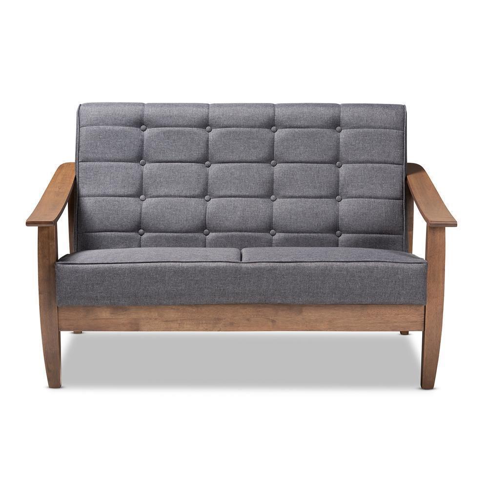 Larsen Mid-Century Modern Gray Fabric Upholstered Walnut Wood Loveseat FredCo