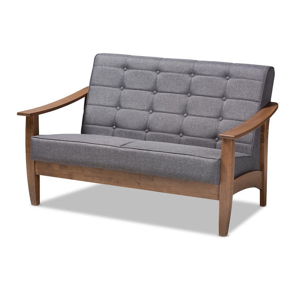 Larsen Mid-Century Modern Gray Fabric Upholstered Walnut Wood Loveseat FredCo