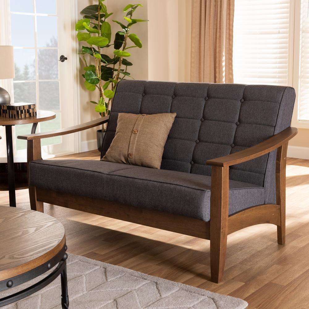 Larsen Mid-Century Modern Gray Fabric Upholstered Walnut Wood Loveseat FredCo