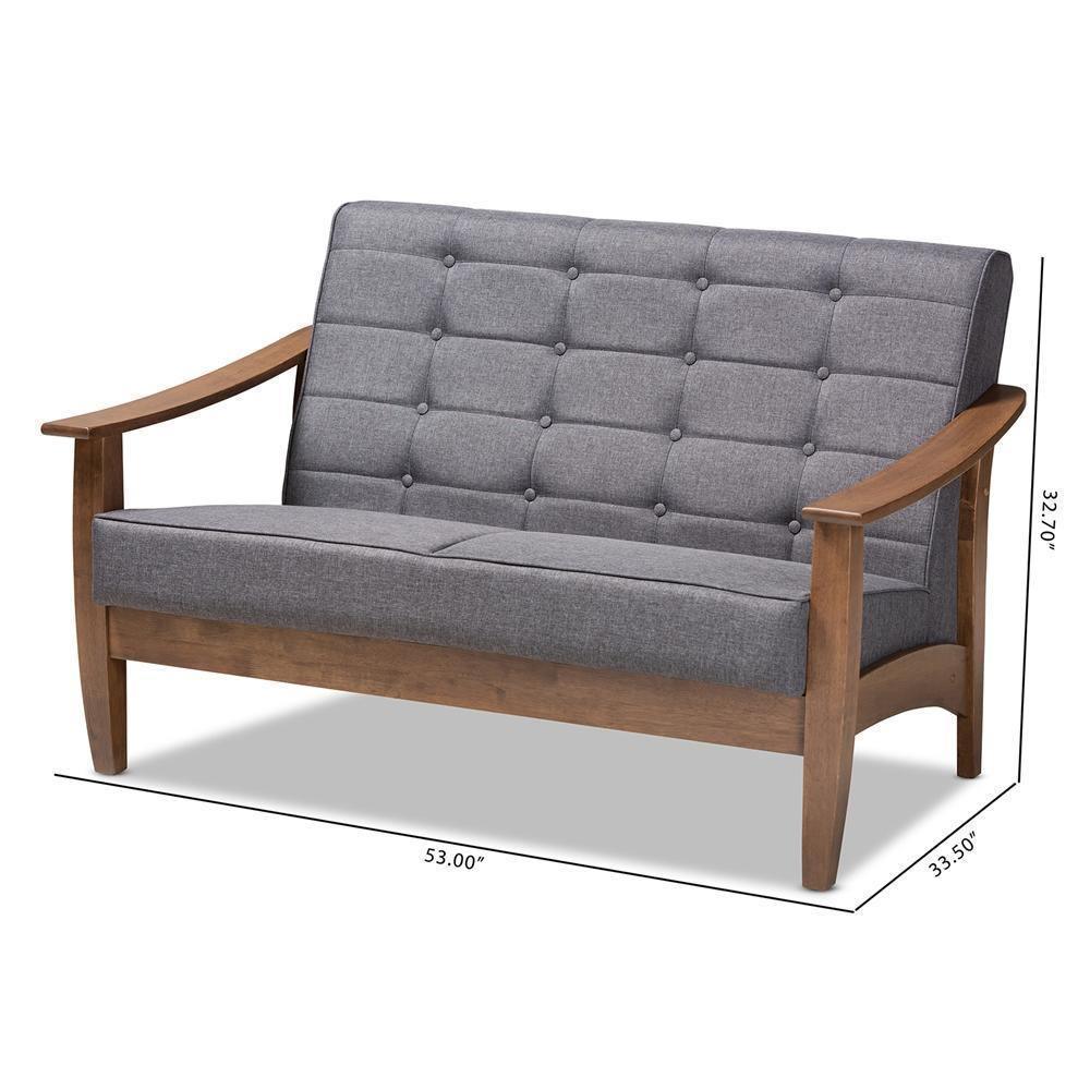 Larsen Mid-Century Modern Gray Fabric Upholstered Walnut Wood Loveseat FredCo