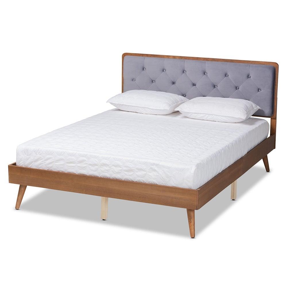 Larue Modern and Contemporary Grey Velvet Fabric Upholstered and Walnut Brown Finished Wood King Size Platform Bed FredCo