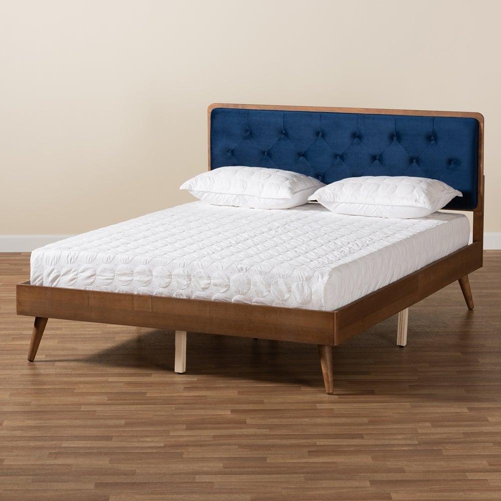 Larue Modern and Contemporary Navy Blue Velvet Fabric Upholstered and Walnut Brown Finished Wood King Size Platform Bed FredCo