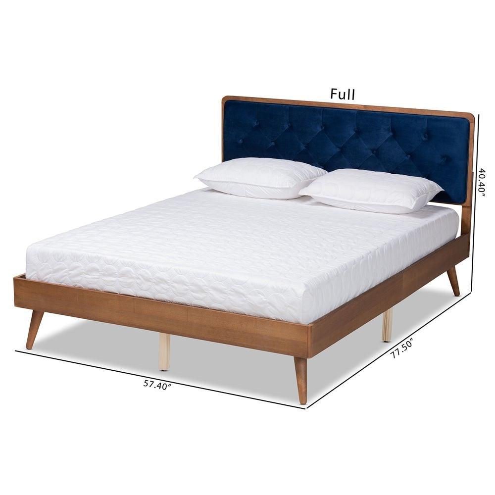 Larue Modern and Contemporary Navy Blue Velvet Fabric Upholstered and Walnut Brown Finished Wood King Size Platform Bed FredCo
