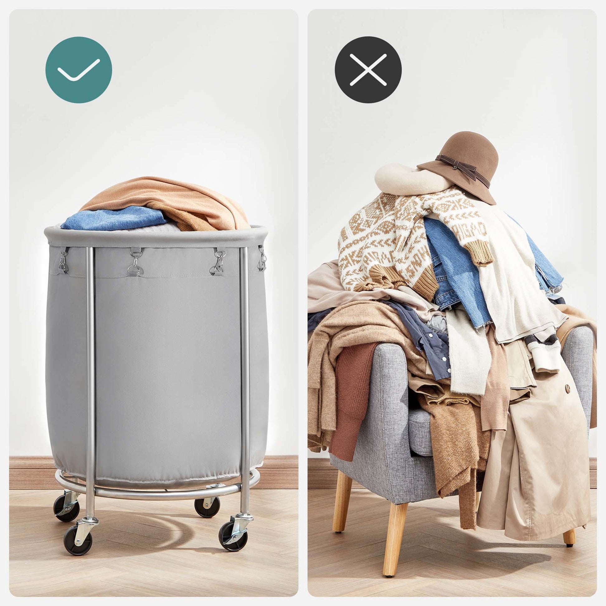Laundry Basket with Wheels, Gray and Silver FredCo