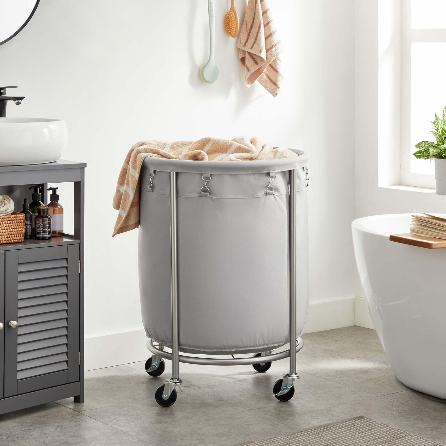 Laundry Basket with Wheels, Gray and Silver FredCo