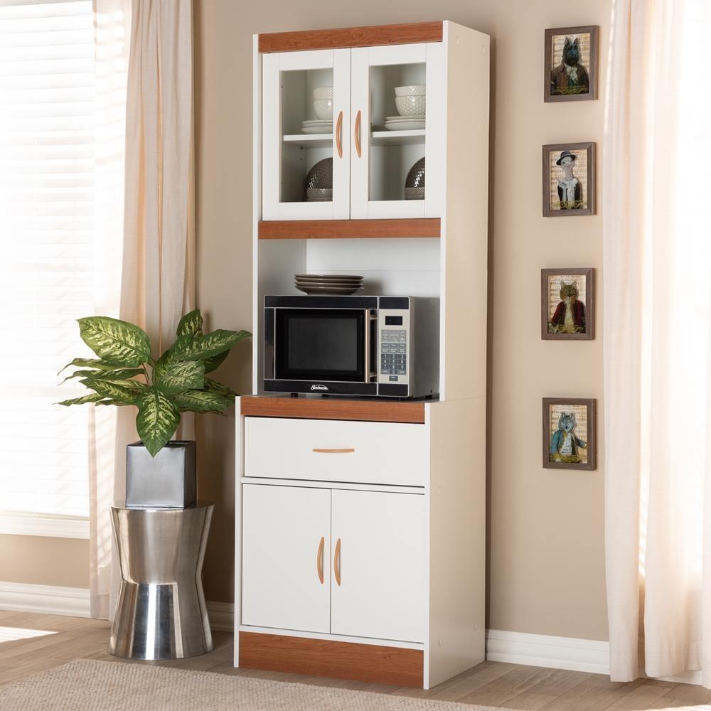 Laurana Modern and Contemporary White and Cherry Finished Kitchen Cabinet and Hutch FredCo