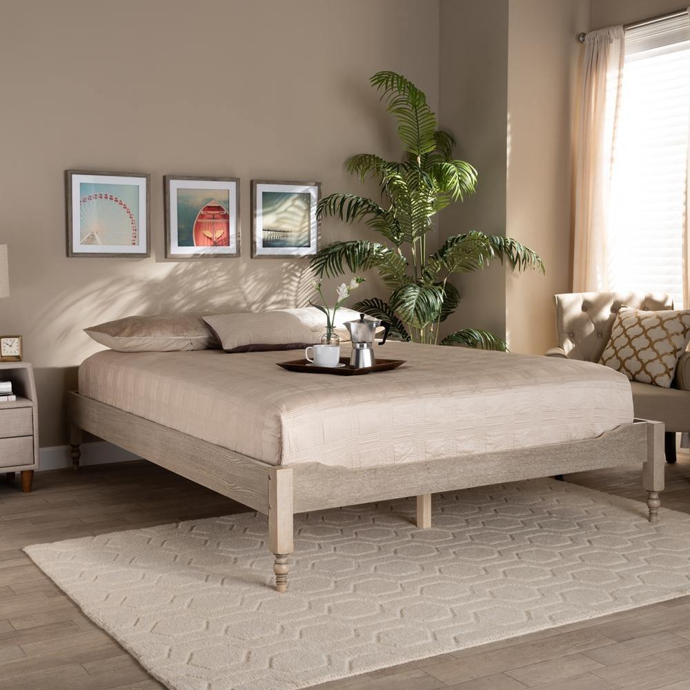 Laure French Bohemian Antique White Oak Finished Wood King Size Platform Bed Frame FredCo