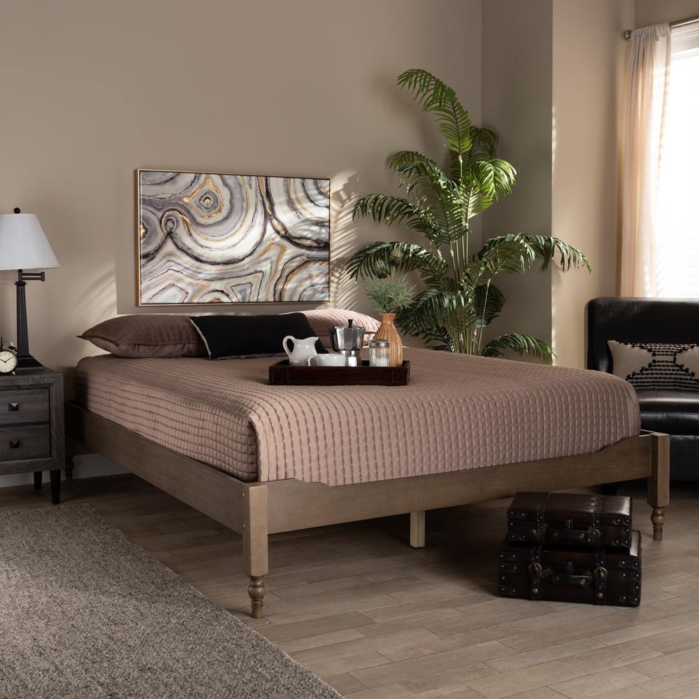 Laure French Bohemian Weathered Grey Oak Finished Wood King Size Platform Bed Frame FredCo