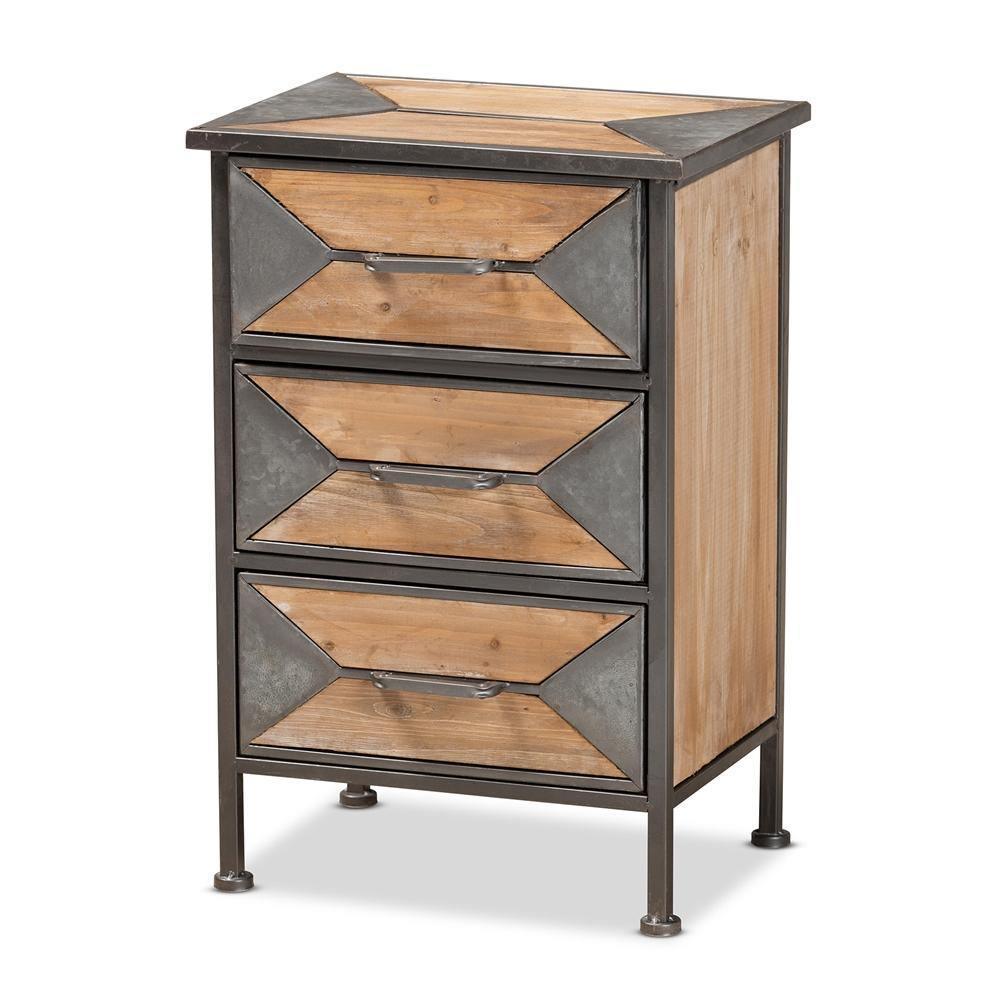 Laurel Rustic Industrial Antique Grey Finished Metal and Whitewashed Oak Brown Finished Wood 3-Drawer Nightstand FredCo