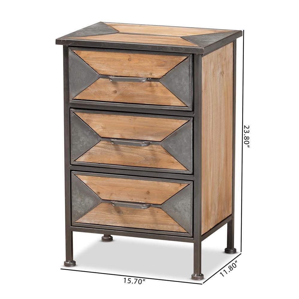 Laurel Rustic Industrial Antique Grey Finished Metal and Whitewashed Oak Brown Finished Wood 3-Drawer Nightstand FredCo