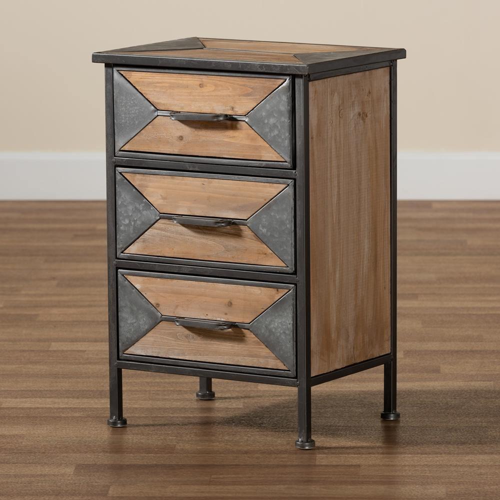 Laurel Rustic Industrial Antique Grey Finished Metal and Whitewashed Oak Brown Finished Wood 3-Drawer Nightstand FredCo