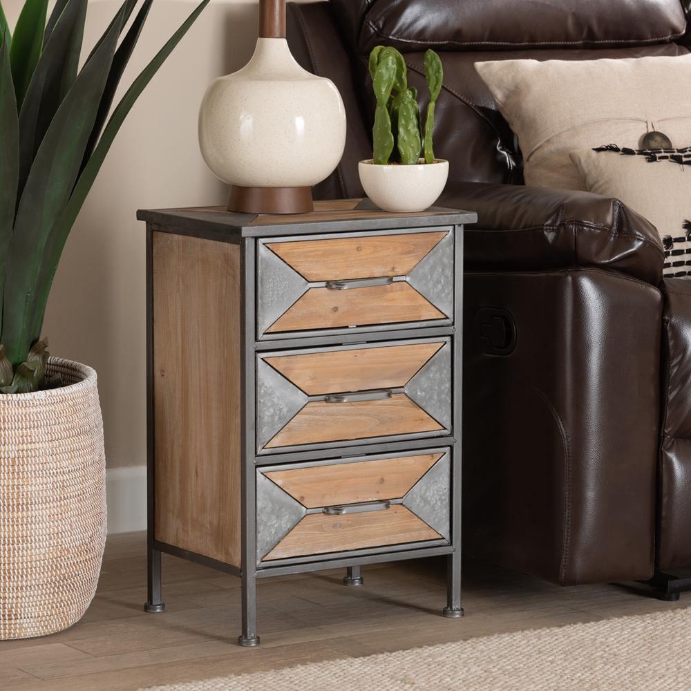 Laurel Rustic Industrial Antique Grey Finished Metal and Whitewashed Oak Brown Finished Wood 3-Drawer Nightstand FredCo