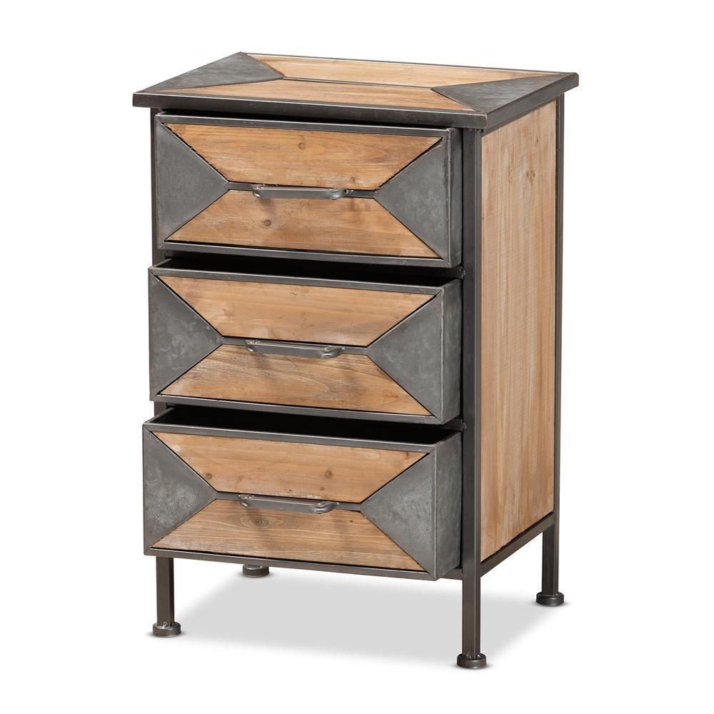 Laurel Rustic Industrial Antique Grey Finished Metal and Whitewashed Oak Brown Finished Wood 3-Drawer Nightstand FredCo