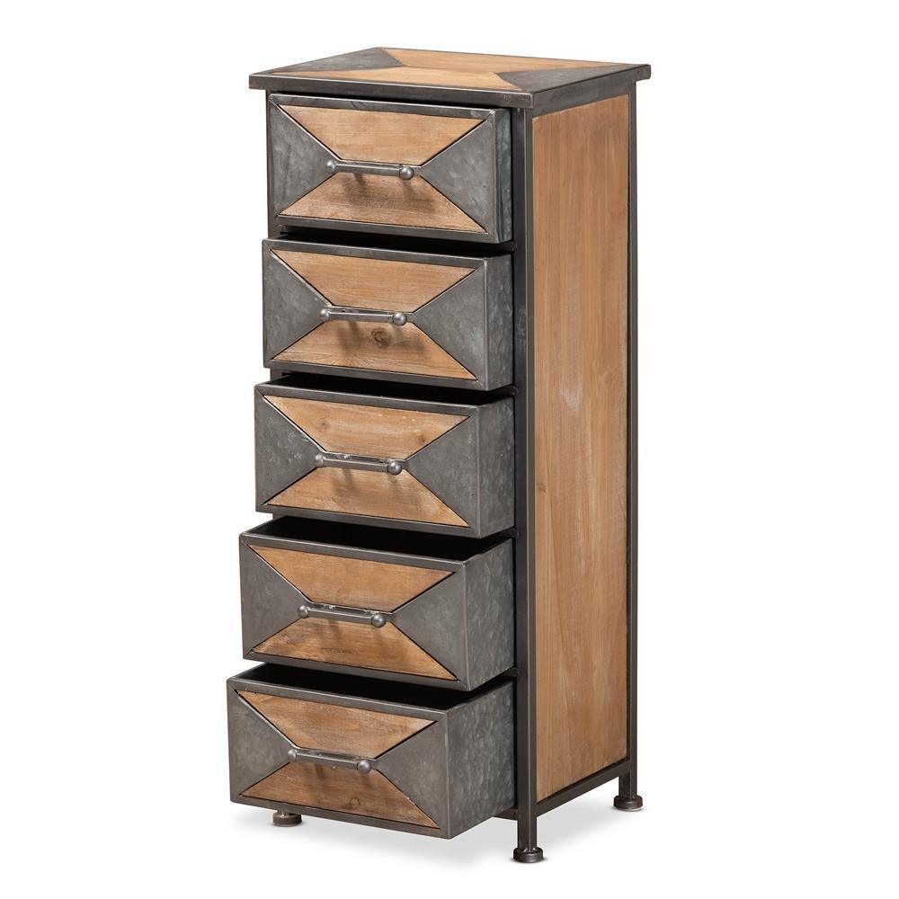Laurel Rustic Industrial Antique Grey Finished Metal and Whitewashed Oak Brown Finished Wood 5-Drawer Accent Storage Cabinet FredCo