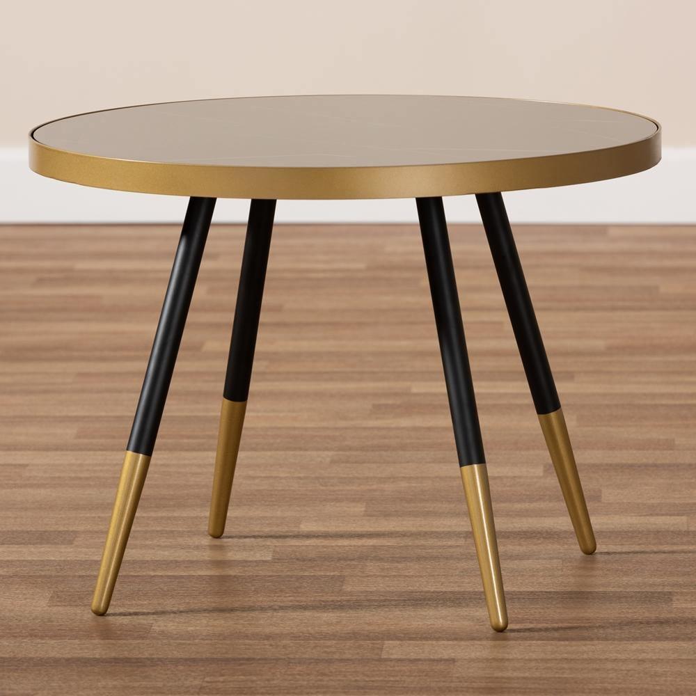 Lauro Modern and Contemporary Round Glossy Marble and Metal Coffee Table with Two-Tone Black and Gold Legs FredCo