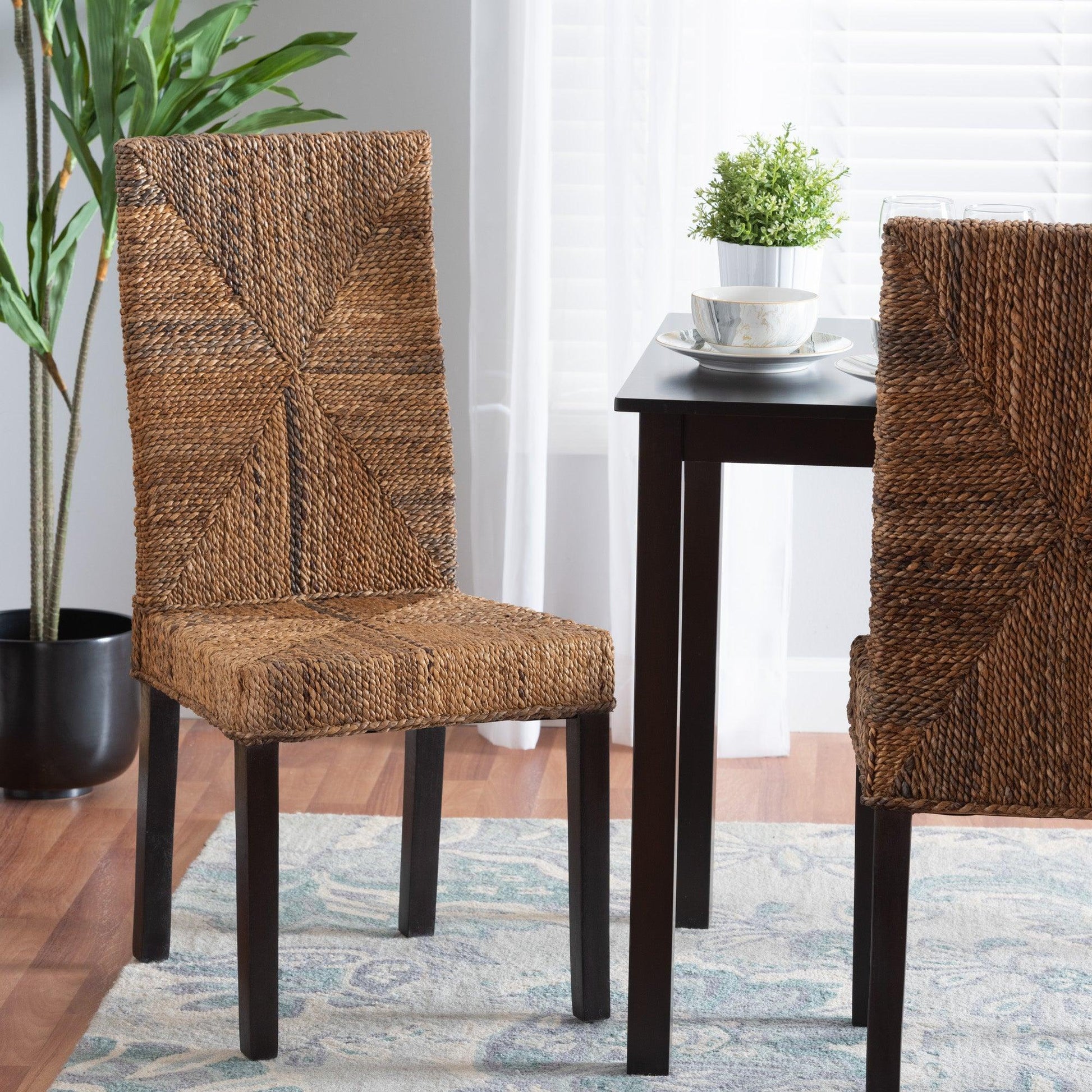 Laymi Modern Bohemian Dark Brown Mahogany Wood and Banana Fiber Dining Chair FredCo