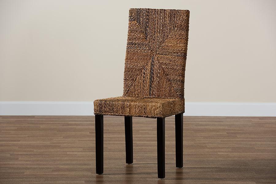 Laymi Modern Bohemian Dark Brown Mahogany Wood and Banana Fiber Dining Chair FredCo