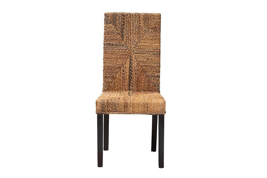 Laymi Modern Bohemian Dark Brown Mahogany Wood and Banana Fiber Dining Chair FredCo