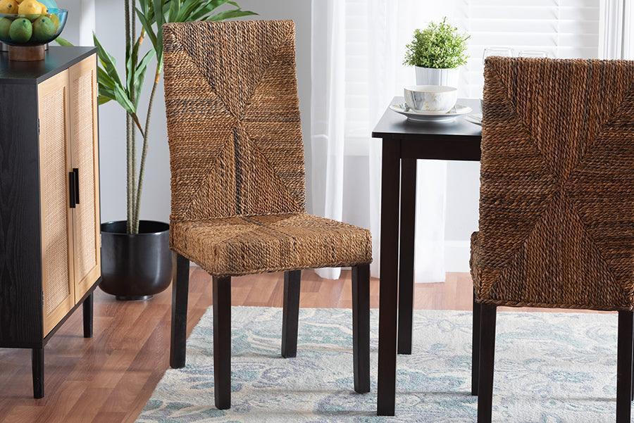 Laymi Modern Bohemian Dark Brown Mahogany Wood and Banana Fiber Dining Chair FredCo