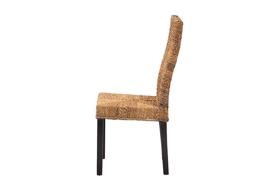 Laymi Modern Bohemian Dark Brown Mahogany Wood and Banana Fiber Dining Chair FredCo