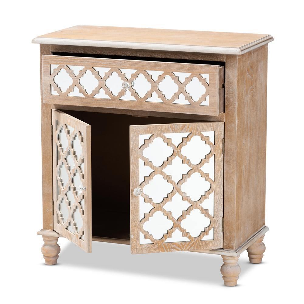 Leah Glam Farmhouse Rustic Oak Brown Finished Wood and Mirrored 1-Drawer Quatrefoil Storage Cabinet FredCo